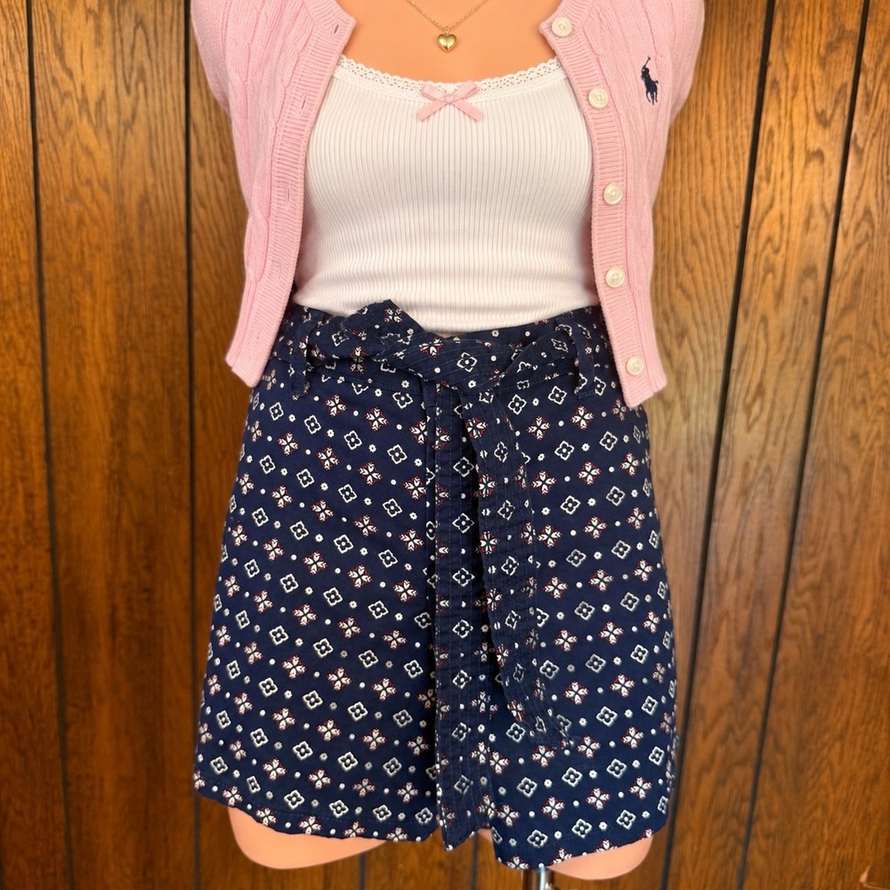 Blue Geometric Print Tie Waist Shorts Liz Claiborne Womens 12 Preppy Coastal